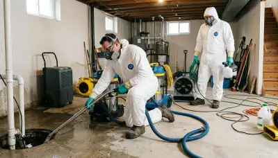 Water damage crew cleaning sewer backup in Tallahassee, FL home with extraction and sanitation equipment
