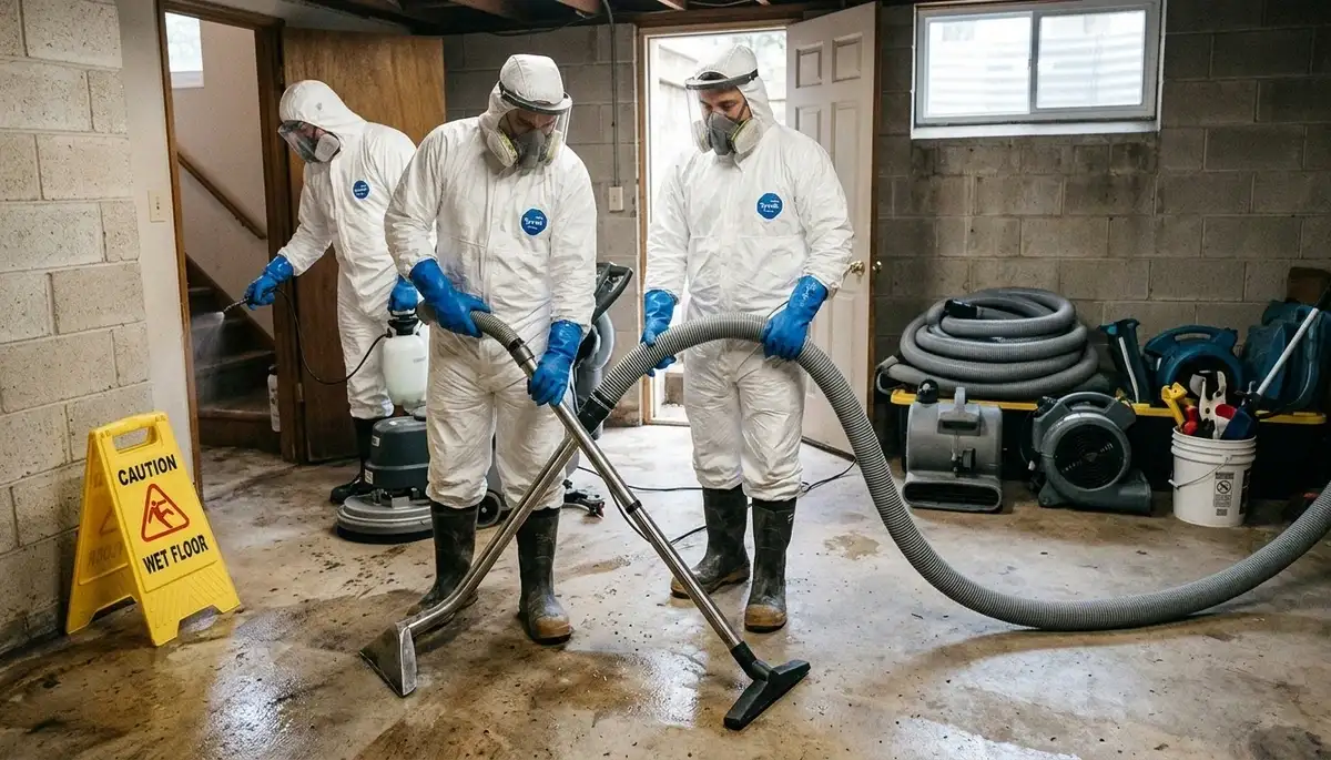 Sewer backup cleanup crew in Tallahassee, FL removing contaminated water from a home