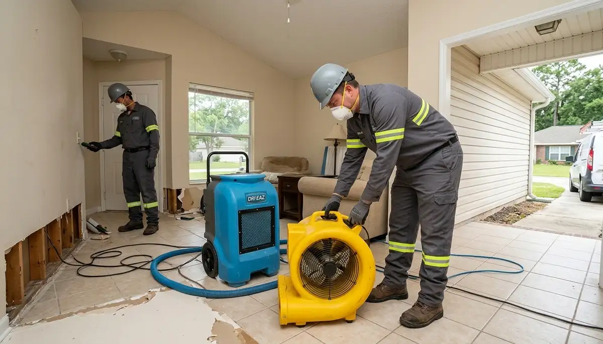 Water damage restoration team in Tallahassee, FL inspecting flood damage and starting cleanup